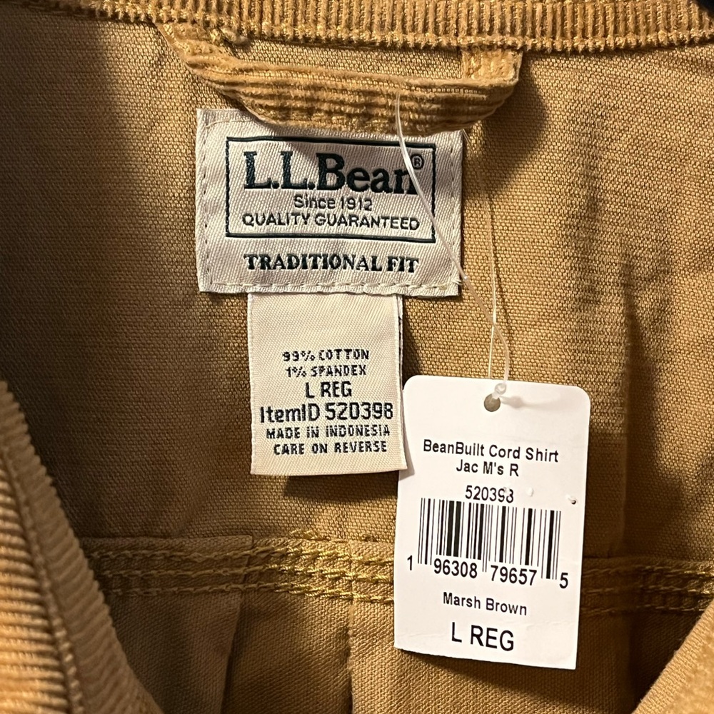 LLBean BeanBuilt Marsh Brown Corduroy Shirt Jac L Reg NWT - Picture 2 of 9